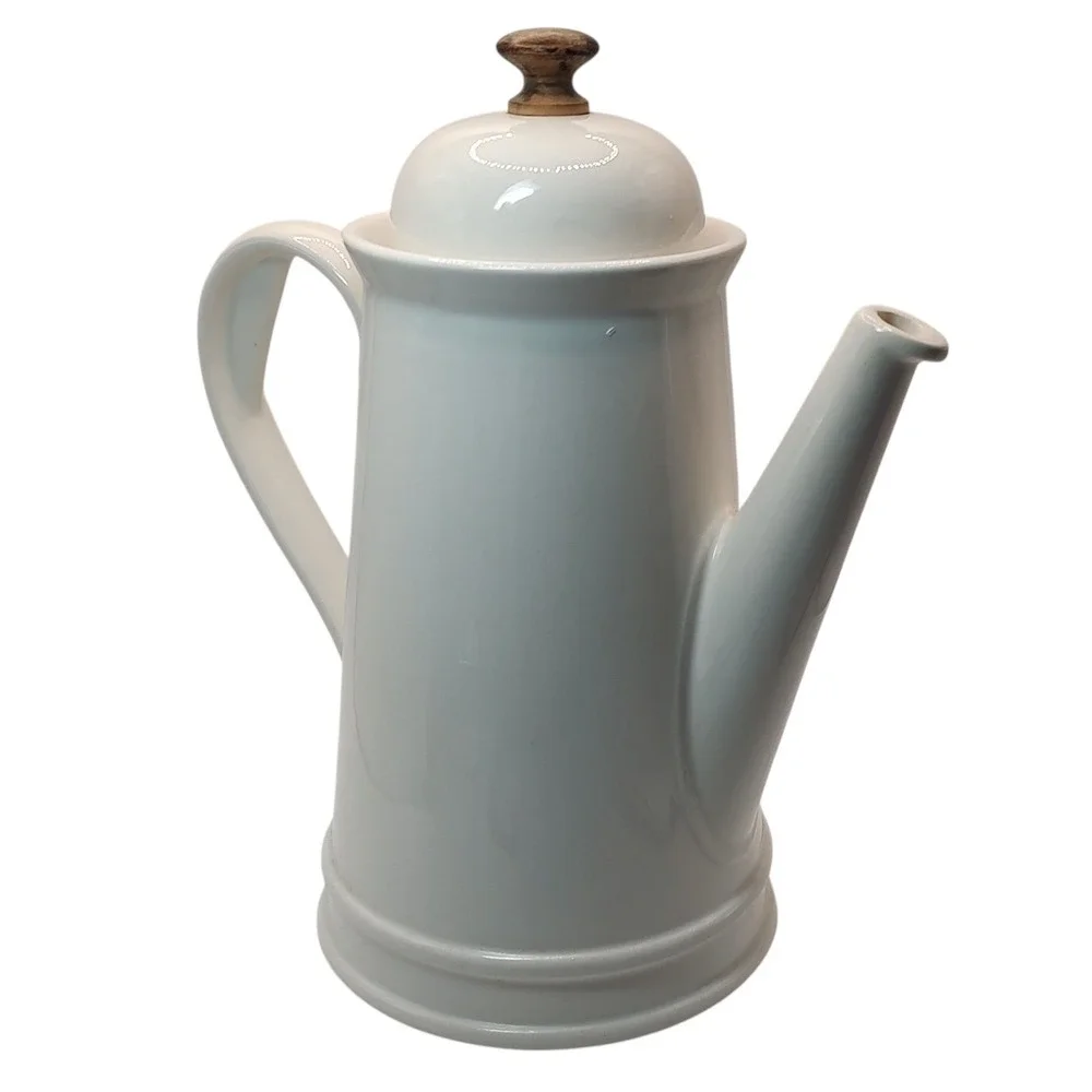 Vintage Stoneware Coffee Pot with Lid White Wooden Knob on Lid Ten Inch Six Cups